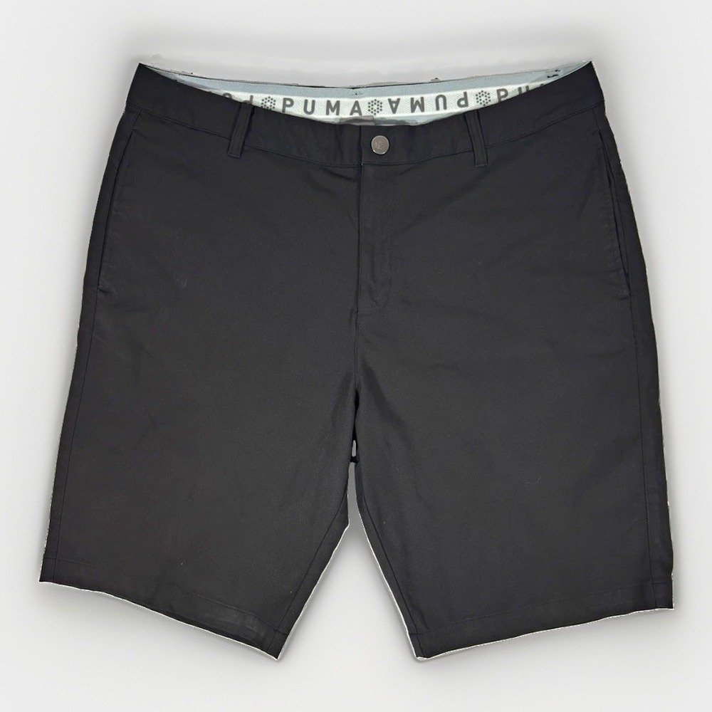 PUMA Men's Black Chino Shorts Polyester Button Flat Front Solid Slash Pockets 38